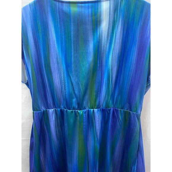 Women's Size LG Blue & Green Cap Sleeve V-Neck Pull-over Blouse w Buckle Accent - Picture 9 of 9